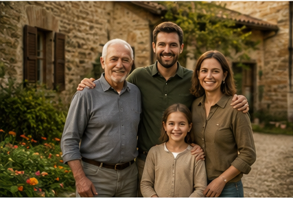 Tre generazioni della famiglia Marchetti davanti al casale in pietra della tenuta