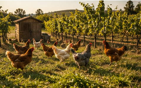 Galline livornesi bianche che razzolano libere tra i filari e gli ulivi, accanto al pollaio in legno